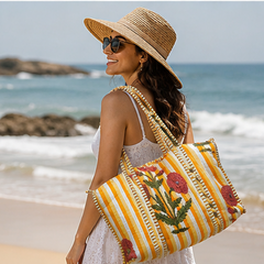 Printed Quilted Cotton Yellow Tote Bag for Women | Reversible Beach Tote | 18x18 Ethnic Canvas Bag - kraafty-com