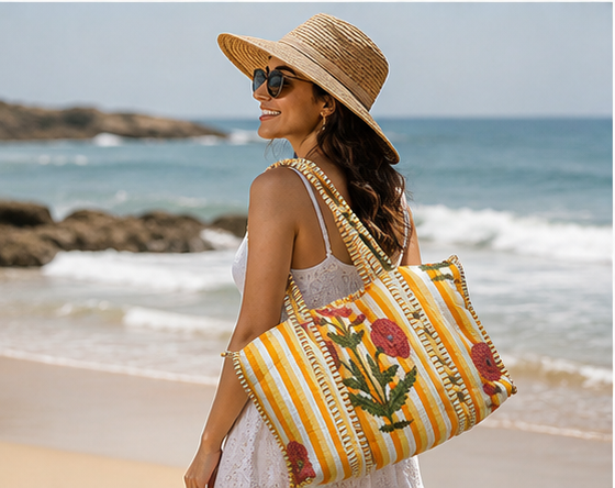 Printed Quilted Cotton Yellow Tote Bag for Women | Reversible Beach Tote | 18x18 Ethnic Canvas Bag - kraafty-com