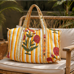 Printed Quilted Cotton Yellow Tote Bag for Women | Reversible Beach Tote | 18x18 Ethnic Canvas Bag - kraafty-com