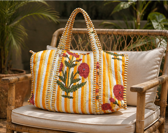 Printed Quilted Cotton Yellow Tote Bag for Women | Reversible Beach Tote | 18x18 Ethnic Canvas Bag - kraafty-com