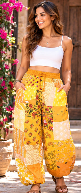 Boho Harem Pants – Handcrafted Patchwork Rayon Trousers for Travel & Festivals - kraafty-com