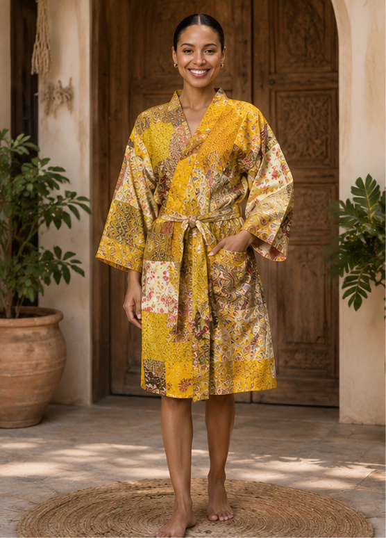 Vintage Kantha Kimono Robe — Handmade Cotton Dressing Yellow Gown