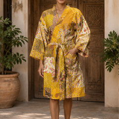 Vintage Kantha Kimono Robe — Handmade Cotton Dressing Yellow Gown
