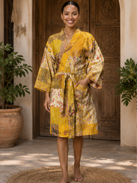 Vintage Kantha Kimono Robe — Handmade Cotton Dressing Yellow Gown