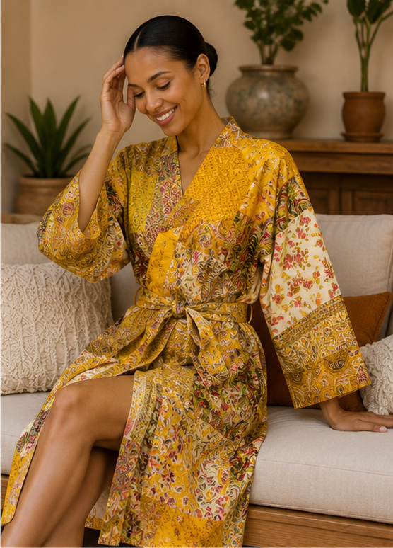 Vintage Kantha Kimono Robe — Handmade Cotton Dressing Yellow Gown
