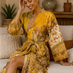Vintage Kantha Kimono Robe — Handmade Cotton Dressing Yellow Gown