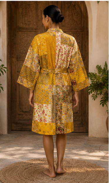 Vintage Kantha Kimono Robe — Handmade Cotton Dressing Yellow Gown
