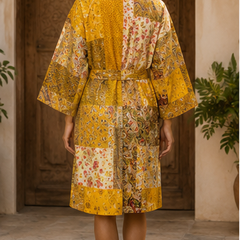 Vintage Kantha Kimono Robe — Handmade Cotton Dressing Yellow Gown