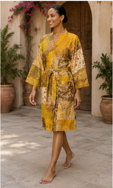 Vintage Kantha Kimono Robe — Handmade Cotton Dressing Yellow Gown