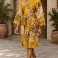 Vintage Kantha Kimono Robe — Handmade Cotton Dressing Yellow Gown