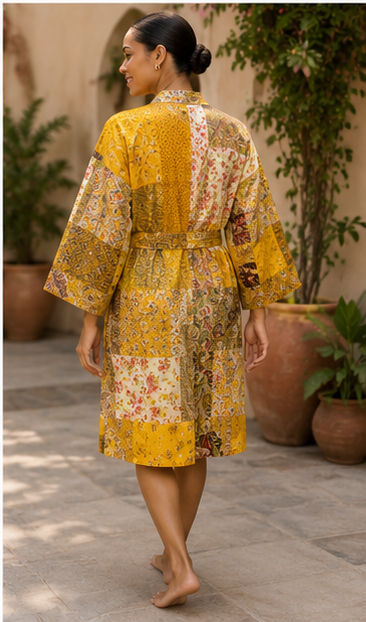Vintage Kantha Kimono Robe — Handmade Cotton Dressing Yellow Gown
