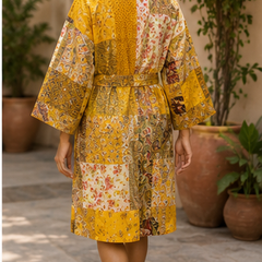 Vintage Kantha Kimono Robe — Handmade Cotton Dressing Yellow Gown