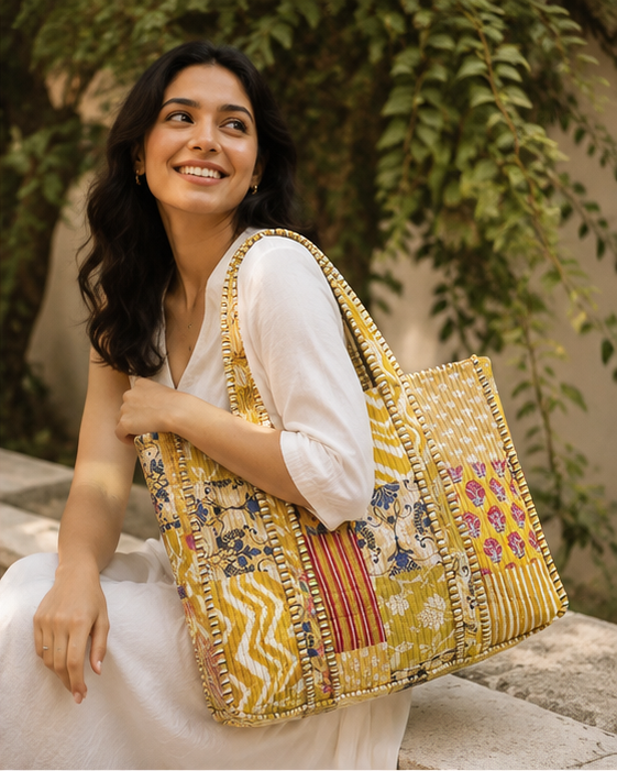 Cotton Patchwork Tote Bag for Women | Quilted, Reversible & Handmade Beach Tote - kraafty-com