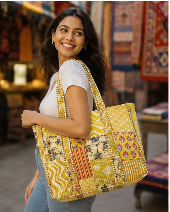 Cotton Patchwork Tote Bag for Women | Quilted, Reversible & Handmade Beach Tote - kraafty-com