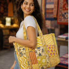 Cotton Patchwork Tote Bag for Women | Quilted, Reversible & Handmade Beach Tote - kraafty-com
