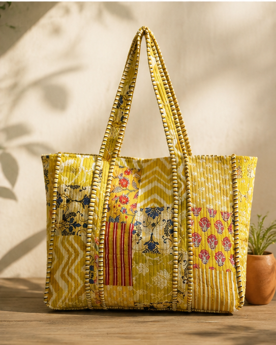 Cotton Patchwork Tote Bag for Women | Quilted, Reversible & Handmade Beach Tote - kraafty-com