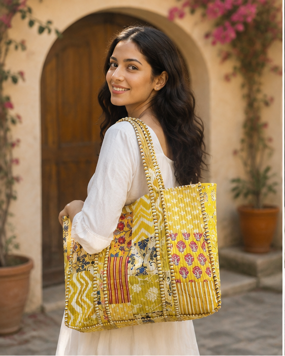 Cotton Patchwork Tote Bag for Women | Quilted, Reversible & Handmade Beach Tote - kraafty-com