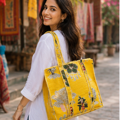 Handmade Quilted Yellow Tote Bag | 100% Cotton, Reversible, Beach & Grocery Bag - kraafty-com
