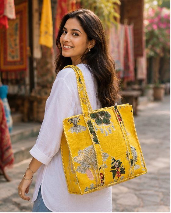 Handmade Quilted Yellow Tote Bag | 100% Cotton, Reversible, Beach & Grocery Bag - kraafty-com