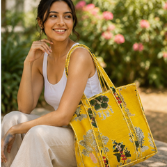 Handmade Quilted Yellow Tote Bag | 100% Cotton, Reversible, Beach & Grocery Bag - kraafty-com