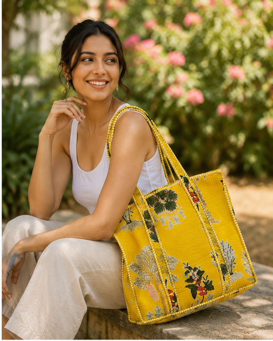 Handmade Quilted Yellow Tote Bag | 100% Cotton, Reversible, Beach & Grocery Bag - kraafty-com