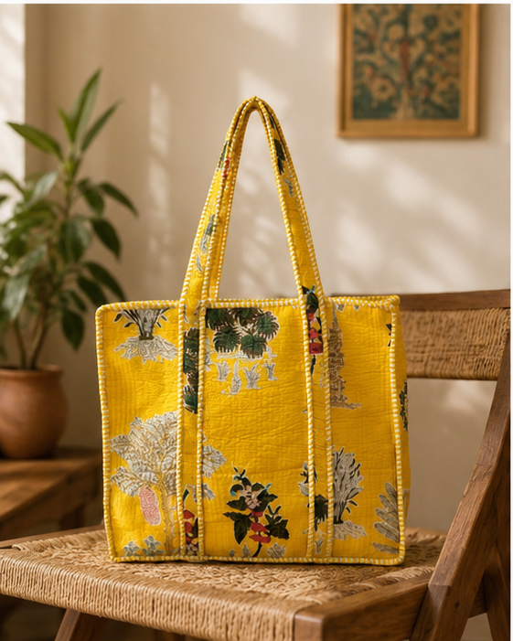 Handmade Quilted Yellow Tote Bag | 100% Cotton, Reversible, Beach & Grocery Bag - kraafty-com