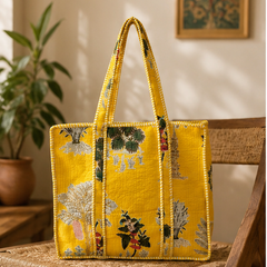 Handmade Quilted Yellow Tote Bag | 100% Cotton, Reversible, Beach & Grocery Bag - kraafty-com
