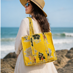 Handmade Quilted Yellow Tote Bag | 100% Cotton, Reversible, Beach & Grocery Bag - kraafty-com