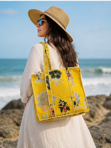 Handmade Quilted Yellow Tote Bag | 100% Cotton, Reversible, Beach & Grocery Bag - kraafty-com