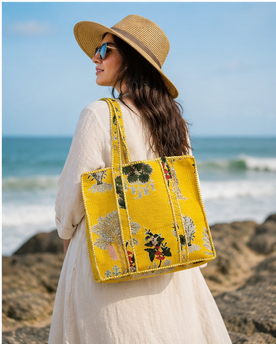 Handmade Quilted Yellow Tote Bag | 100% Cotton, Reversible, Beach & Grocery Bag - kraafty-com